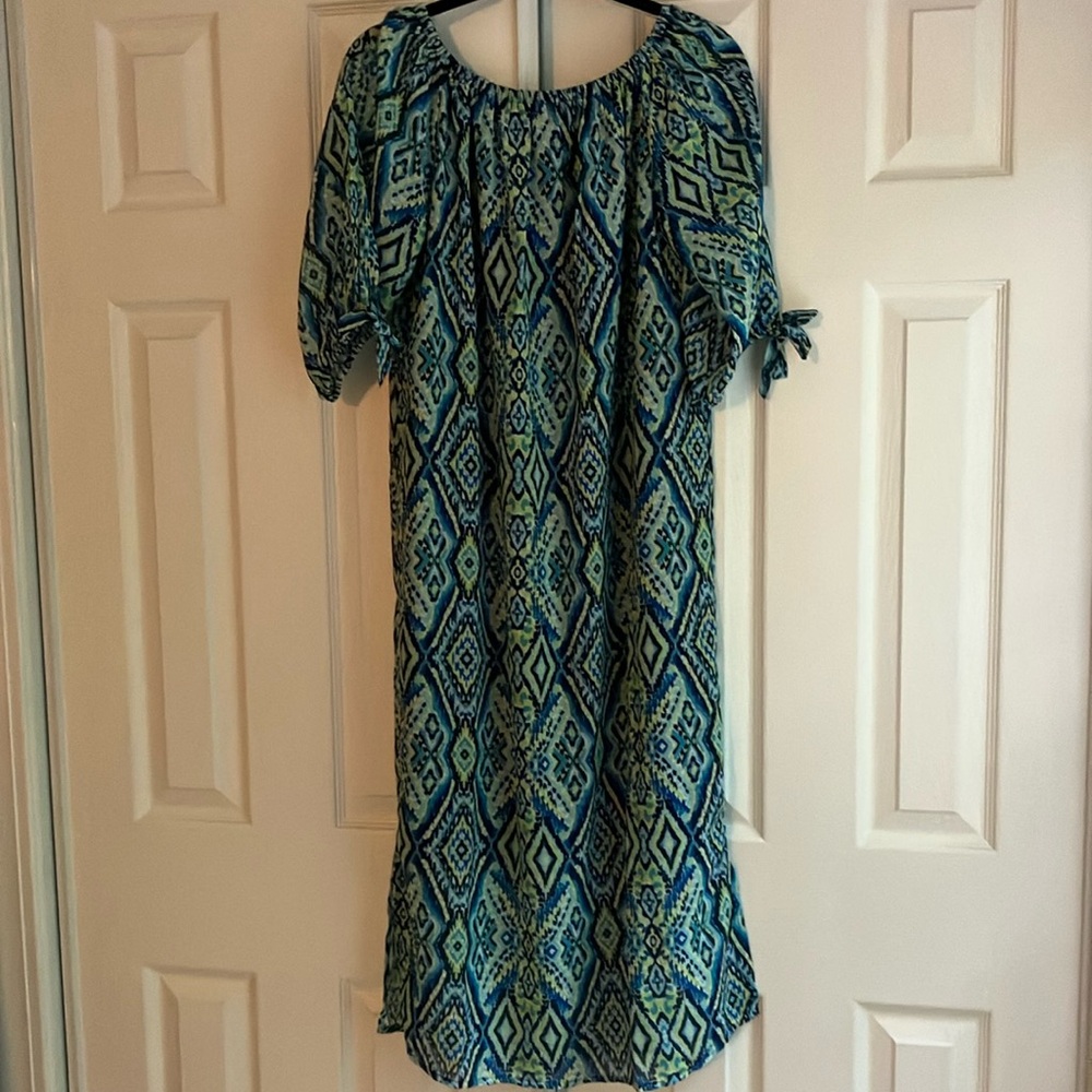Colleen Lopez boho peasant maxi dress Ikat coastal off shoulder boat neck S